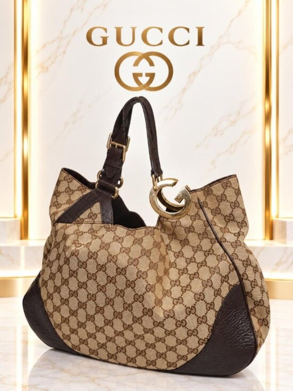 Authentic Gucci Sukey GG Canvas Large Hobo Shoulder Bag Brown Leather Horsebit